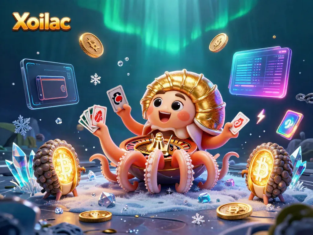 Xoilac showcases an ancient nautilus with a roulette wheel shell, surrounded by colorful crypto coins and dynamic elements.