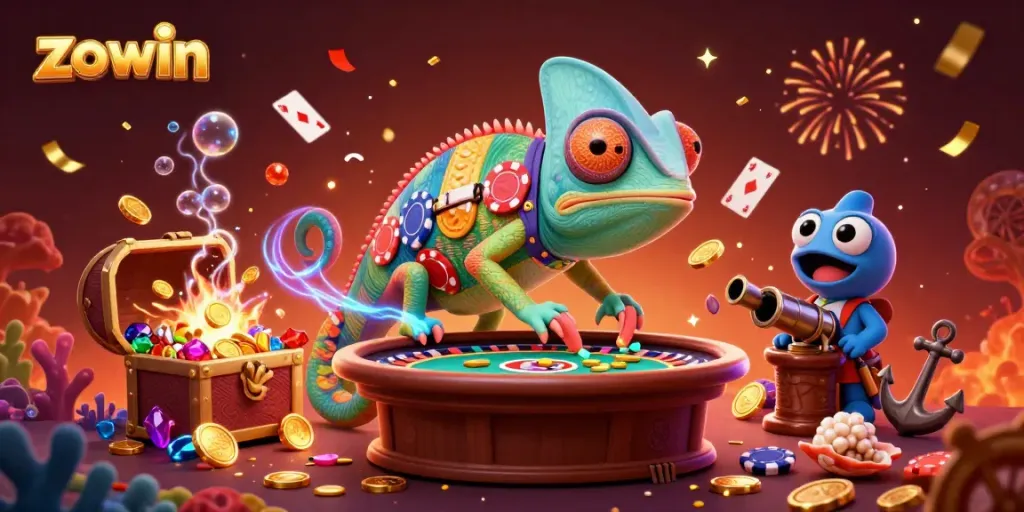Zowin showcases an enormous chameleon casino owner in a vibrant gambling scene, capturing the thrill of gaming.