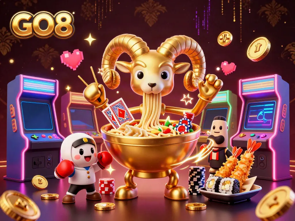Experience thrilling gameplay at GO8 with a vibrant 3D cartoon scene featuring playful casino characters.
