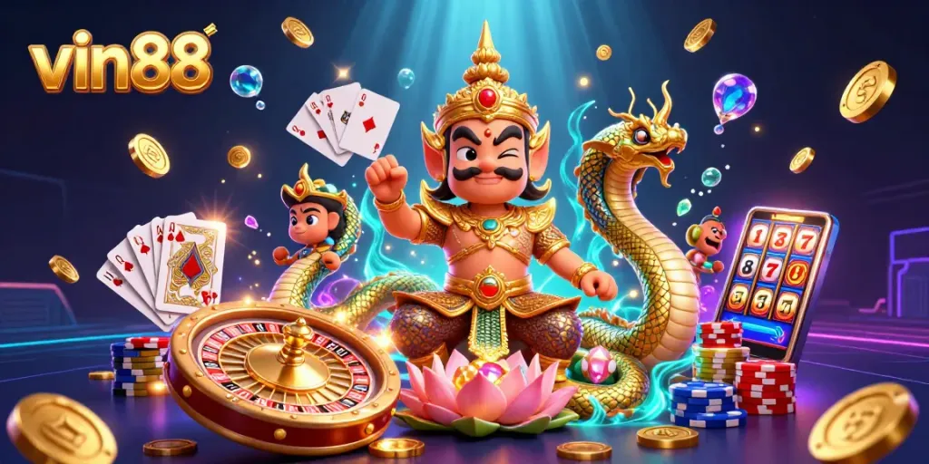 Engage in thrilling gameplay with vin88's vibrant casino scene featuring dynamic characters and rich gambling elements.