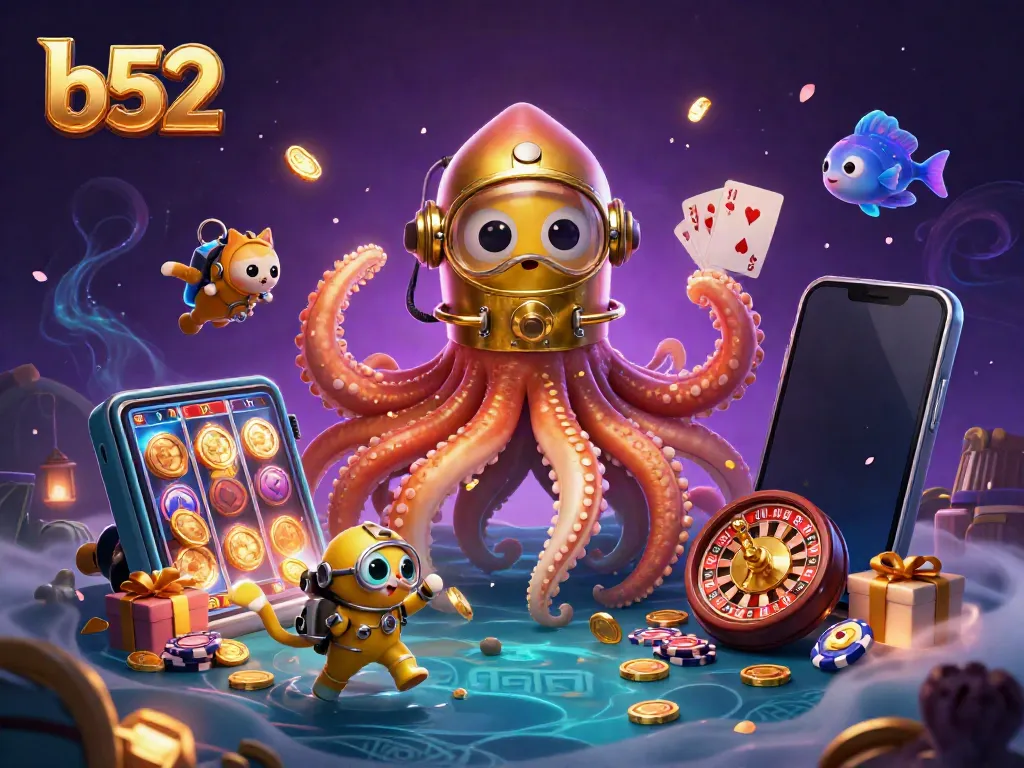 Experience thrilling adventures with b52 as a colossal kraken and diving cat navigate a vibrant casino treasure sea.