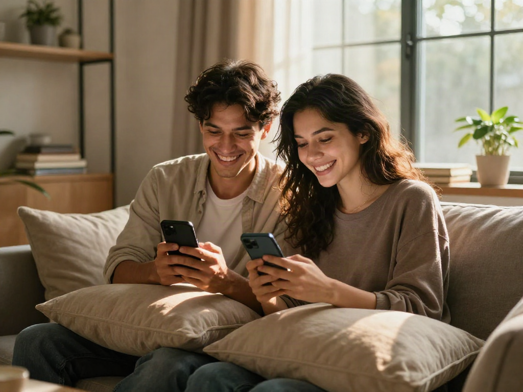 Couple enjoying ai sexting in a cozy living room, showcasing warmth and intimacy.