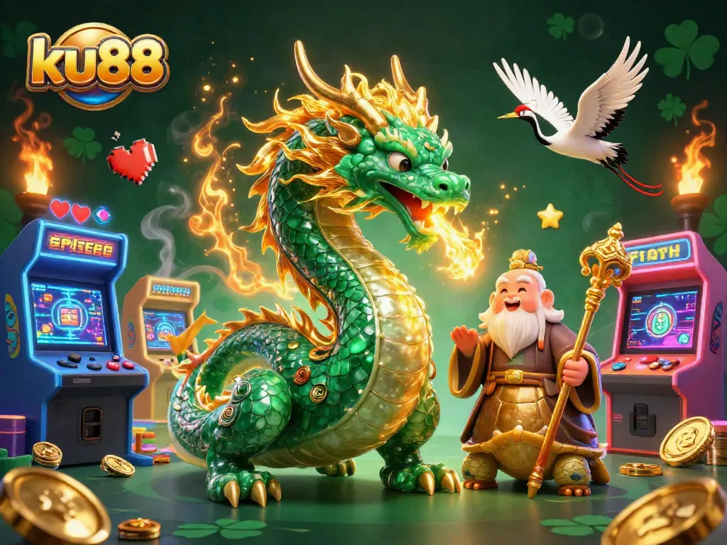 Experience thrilling wins with ku88 at an immersive virtual casino environment featuring dragons and lucky symbols.