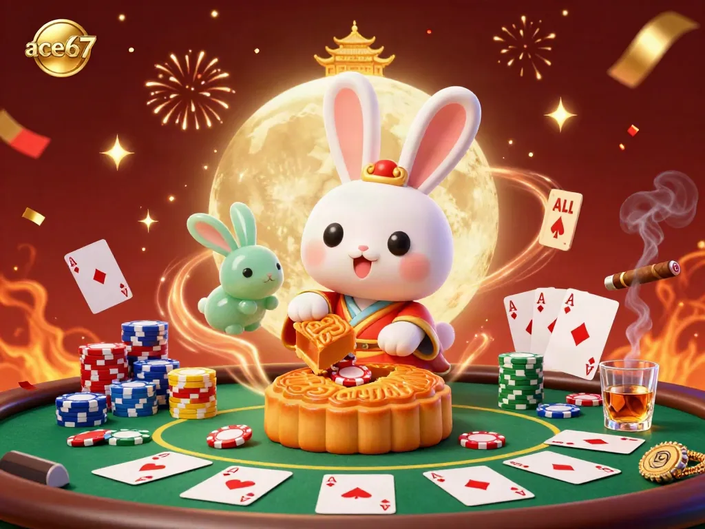 Engaging scene of ace67 with a moon rabbit making mooncakes, revealing poker chips, surrounded by dynamic poker elements.