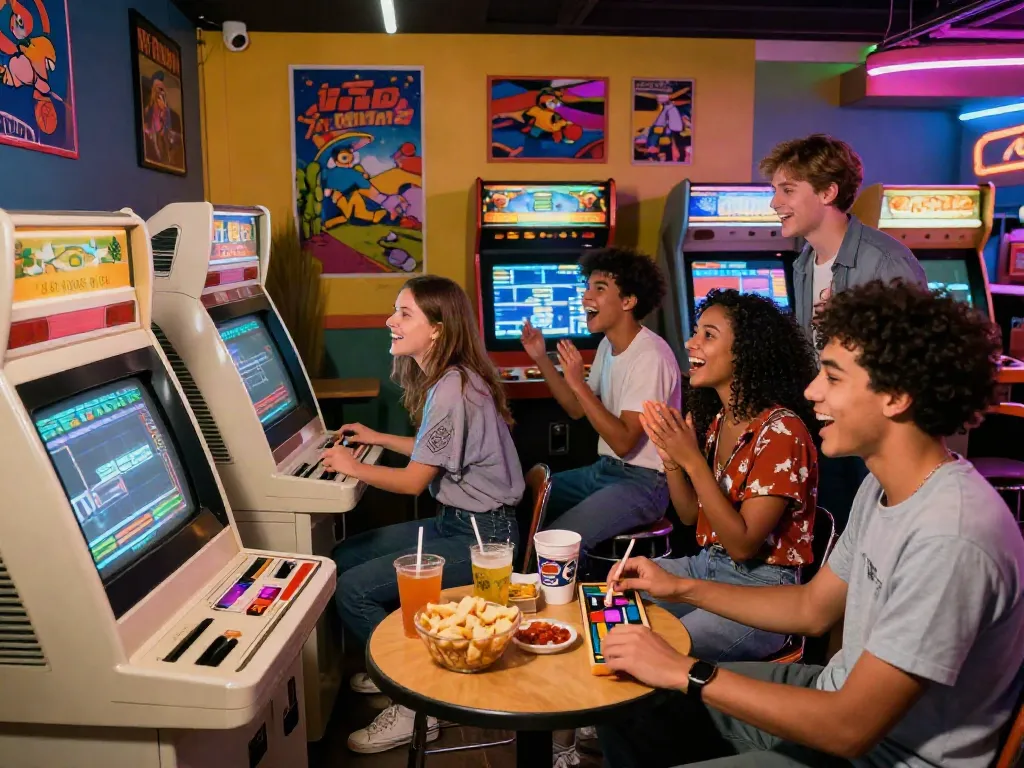 Friends enjoying classic games at a retro arcade, highlighting the nostalgia of pecah404 gaming experience.