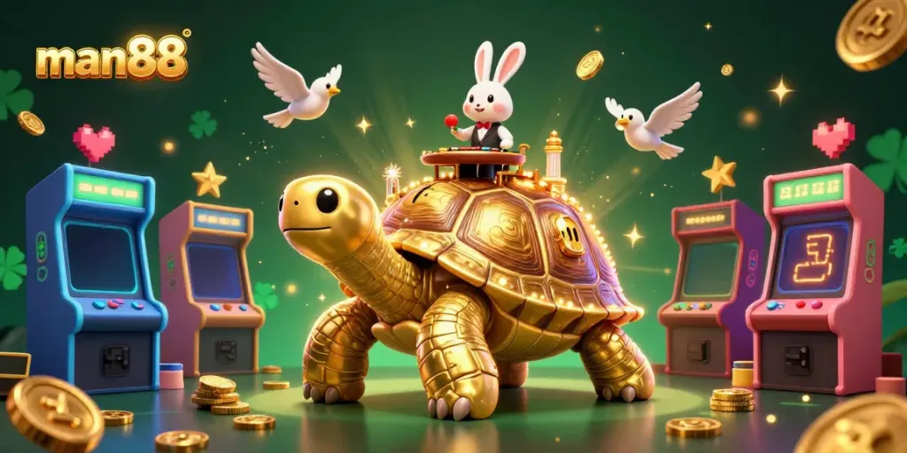 Experience thrilling gameplay at man88 with a giant tortoise casino, vibrant arcade elements, and a rabbit dealer.