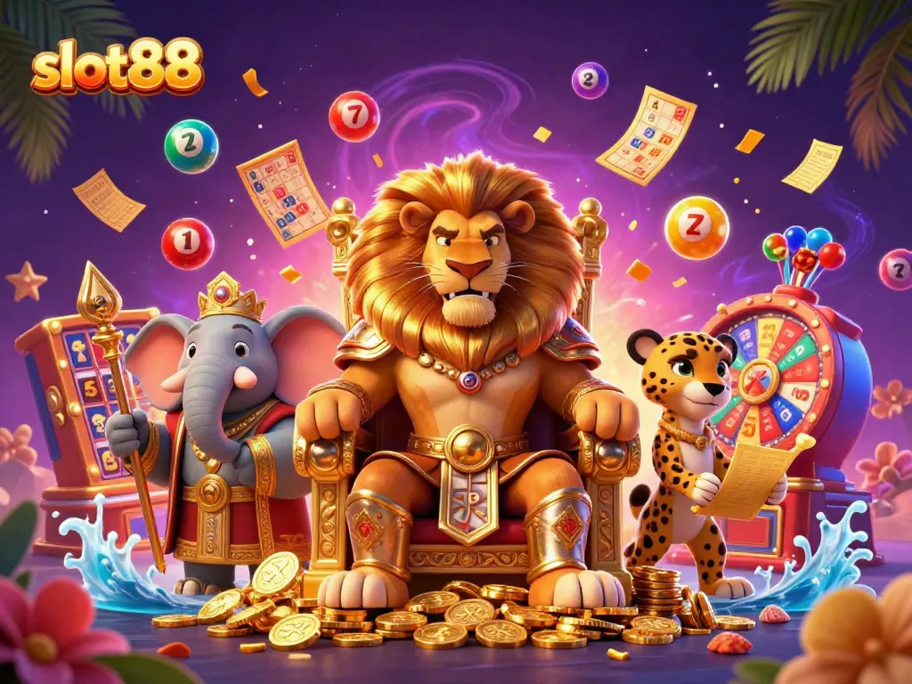 Experience thrilling wins at slot88 with lively slot reels surrounded by iconic casino characters.