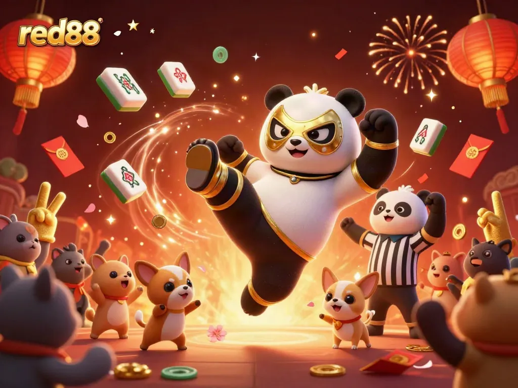 Experience thrilling wins at red88 while joining a dynamic scene of a wrestling panda and cheering animal fans.