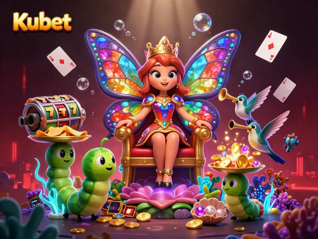 Kubet casino illustration features a butterfly queen with dealers and dynamic slot machine elements.