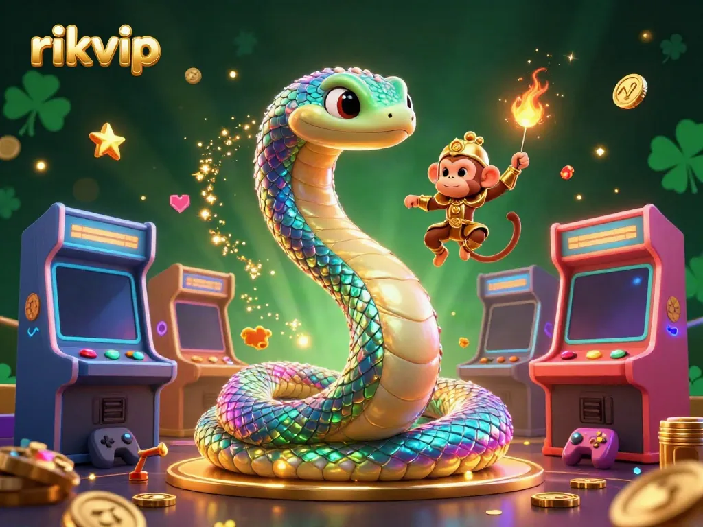 Experience exciting gameplay with rikvip's 3D characters and vibrant casino elements in a magical illustration.