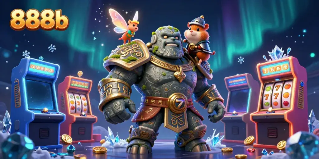 Engage with the thrilling world of 888b featuring a magical golem guardian and colorful slot machines.