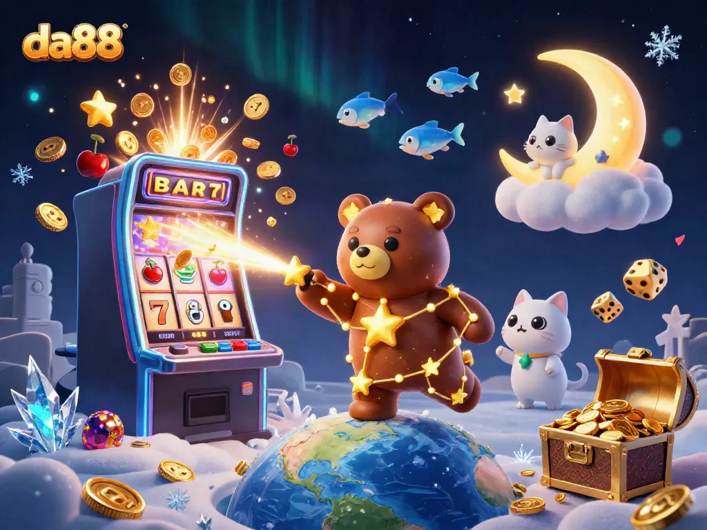 Engage with da88’s dynamic casino gaming experience featuring vibrant 3D illustrations of constellations and slot machines.