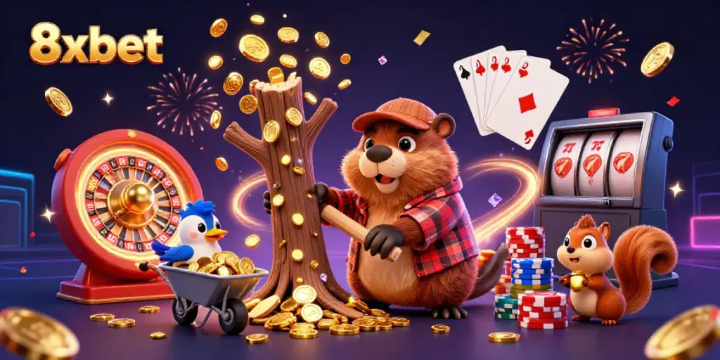 Engage with 8xbet through a whimsical 3D casino scene featuring dynamic characters and golden treasures.