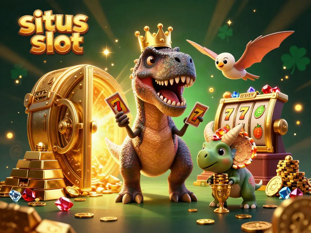 Experience thrilling situs slot gameplay with friendly dino characters and sparkling treasures in this dynamic illustration.