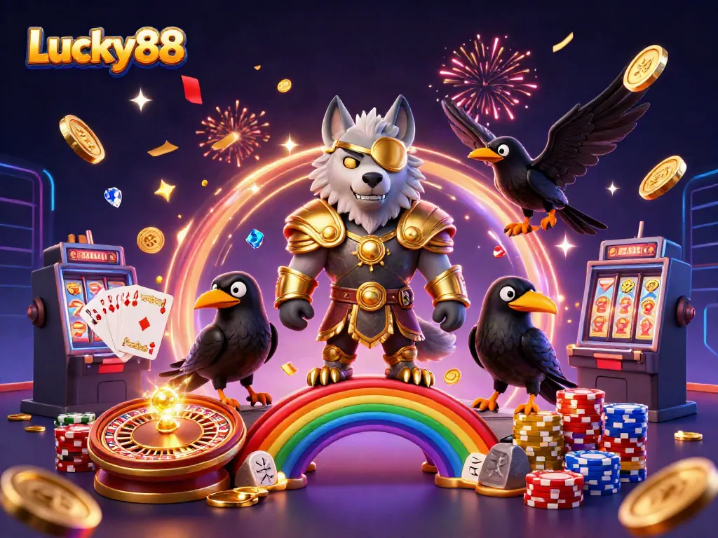 Experience Lucky88's vibrant casino scene with Odin and ravens amidst flying coins and gaming elements.