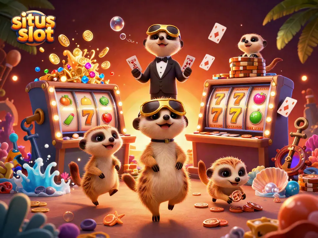 Engage with situs slot as playful meerkats manage a vibrant casino scene filled with thrilling game elements.