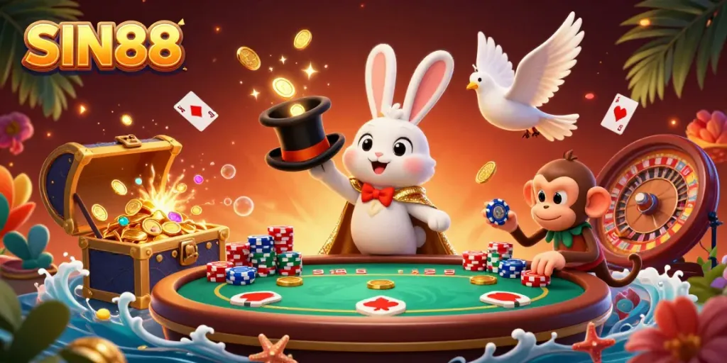SIN88 showcases a vibrant 3D illustration of a magician rabbit, a dove, and a monkey amid casino elements, celebrating winning moments.