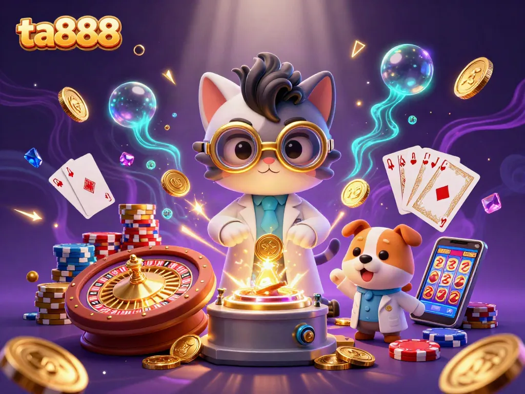 Win big at ta888 with a mad scientist cat and loyal dog in a vibrant casino adventure!
