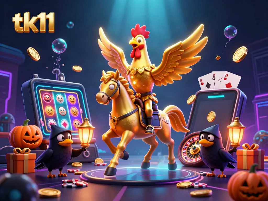 Engage in tk11 gaming with vibrant casino scenes led by a golden rooster and companions.