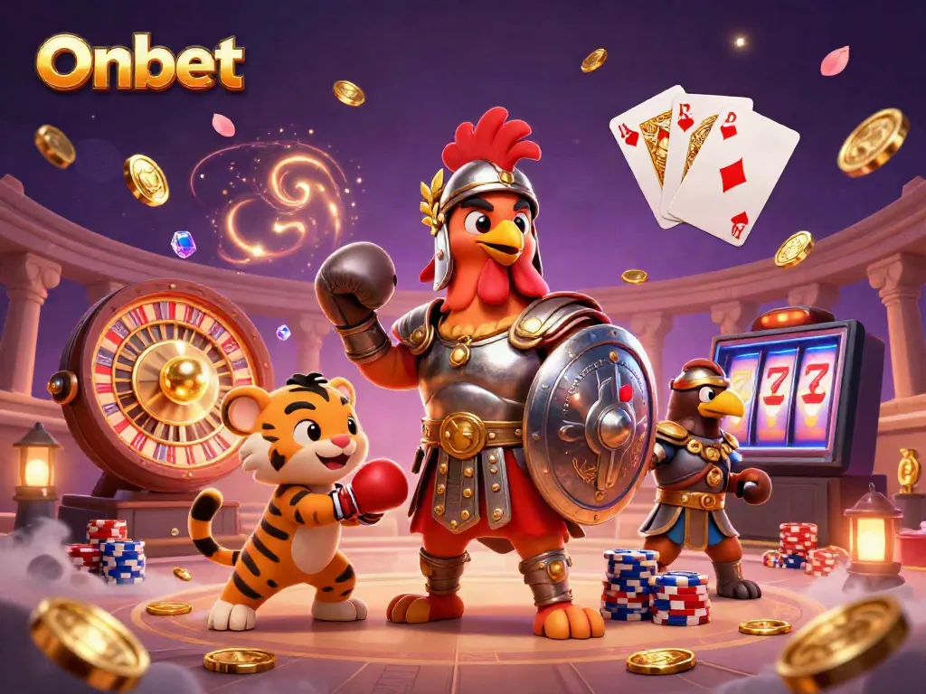 Onbet invites players to enjoy a lively casino scene with a gladiator rooster, dynamic coin bursts, and spinning roulette.
