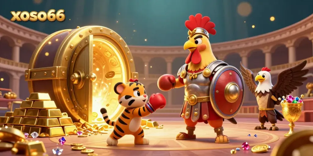 Experience the vibrant xoso66 gambling scene with dynamic characters and rich treasure elements.
