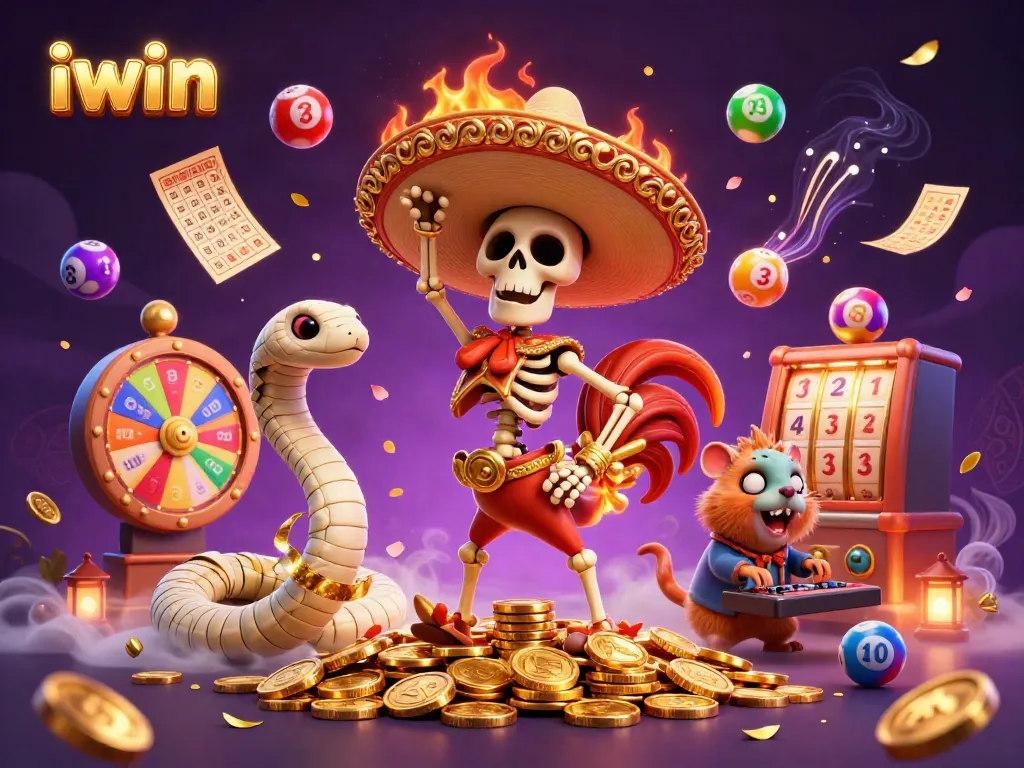 iwin games come alive with a vibrant victory dance of a mariachi rooster surrounded by lottery excitement.