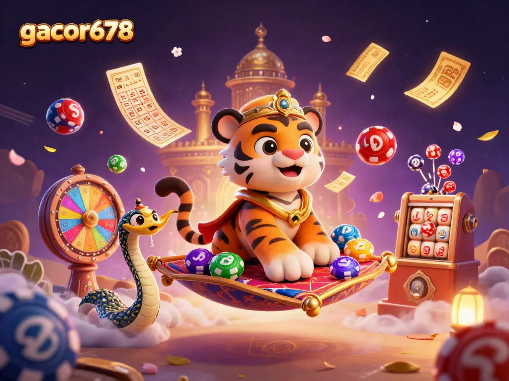 Experience the vibrant world of gacor678 with a magical Arabian casino scene filled with lottery fun.