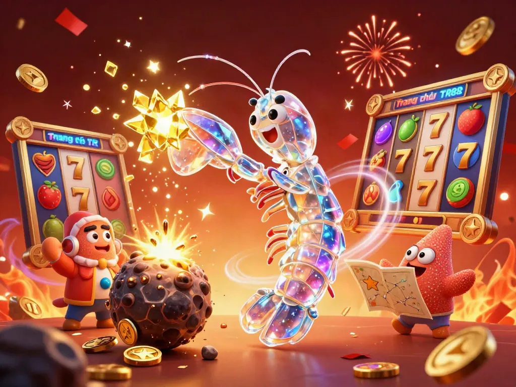 Experience the thrilling world of gambling with Trang chủ TR88's vibrant 3D illustration of cosmic characters amid slot reels and treasure.